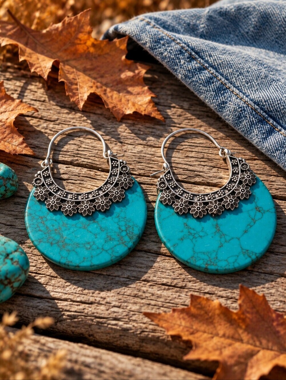 Turquoise Stone Crescent Hoop Earrings 925 Silver Plated Southwestern Artisan 2" - Picture 3 of 16
